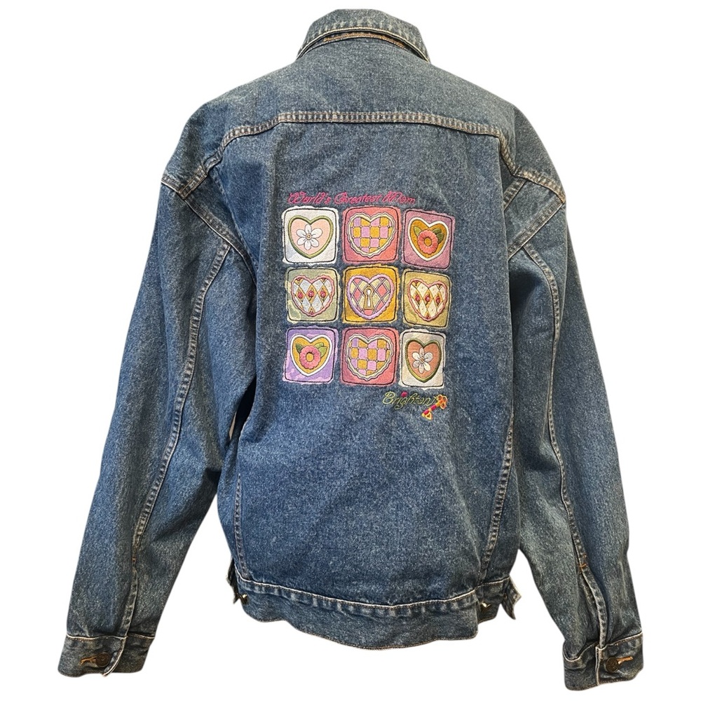 Vintage Brighton Blue Denim Jacket Size L Embroidered Patch Worlds Greatest Mom - Picture 2 of 9